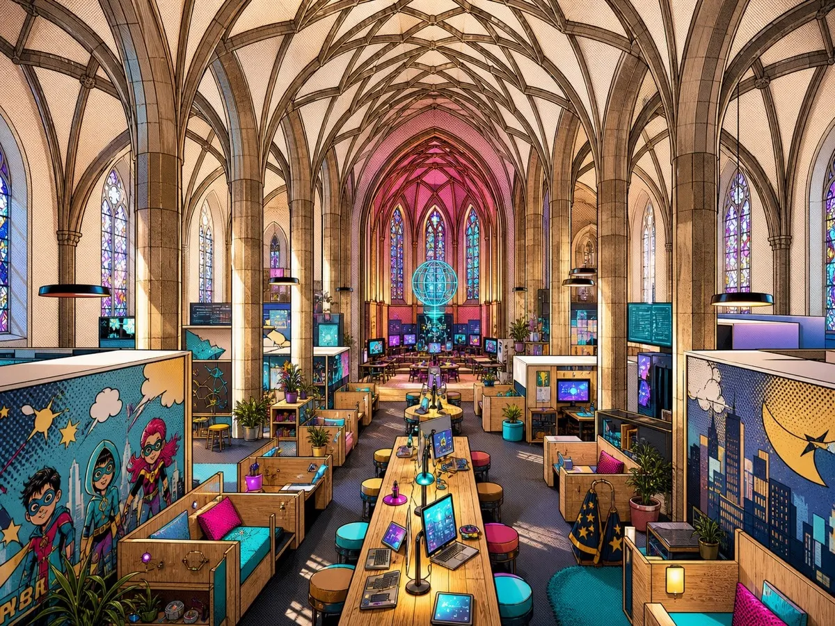Comic-inspired view of the historic digitalCHURCH nave transformed into Code Crafters Hero HQ.