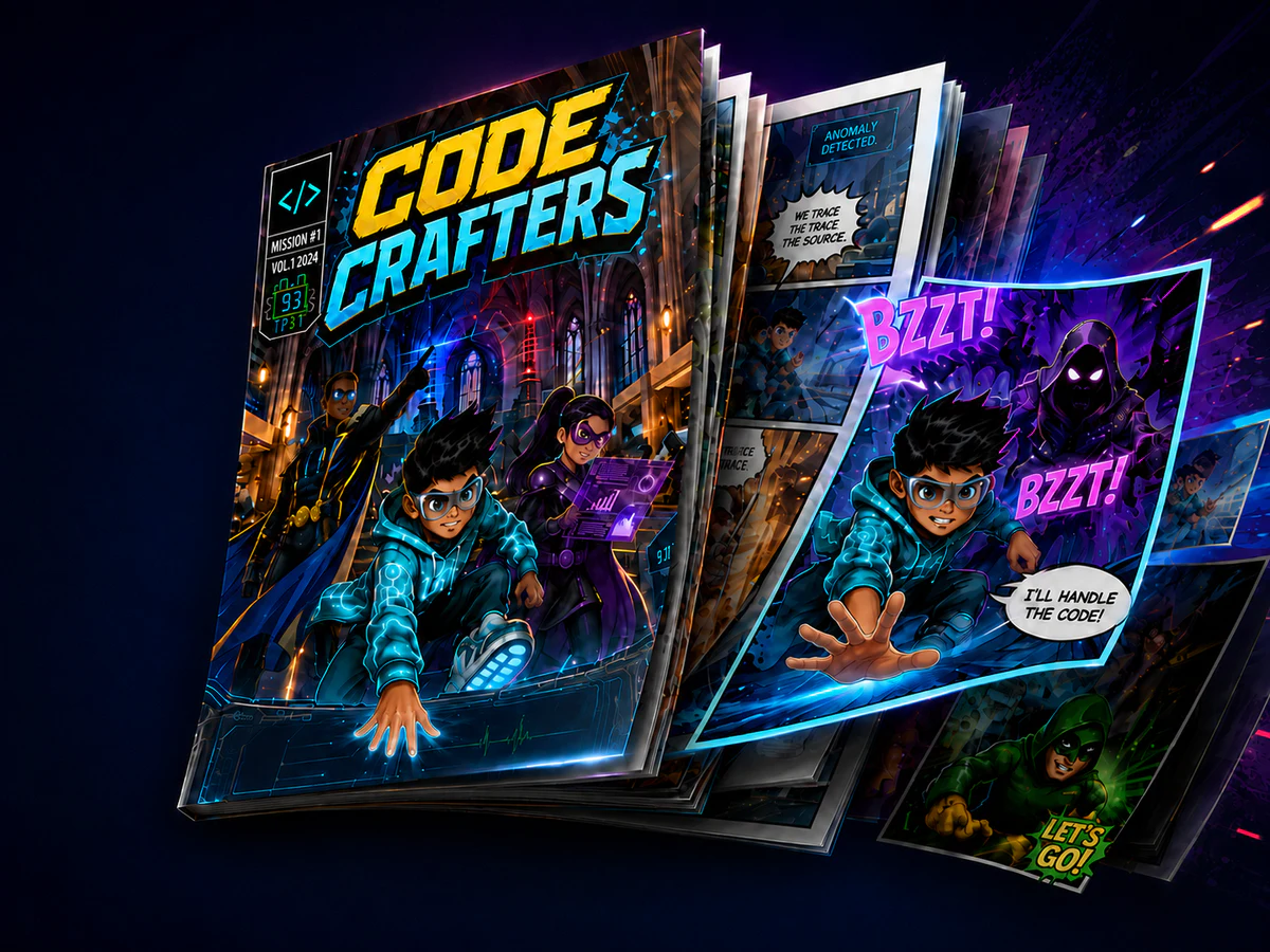 A Code Crafters comic cover opening into illustrated mission pages.
